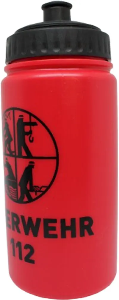 Trinkflasche rot/schwarz mit Signet und Feuerwehr 112